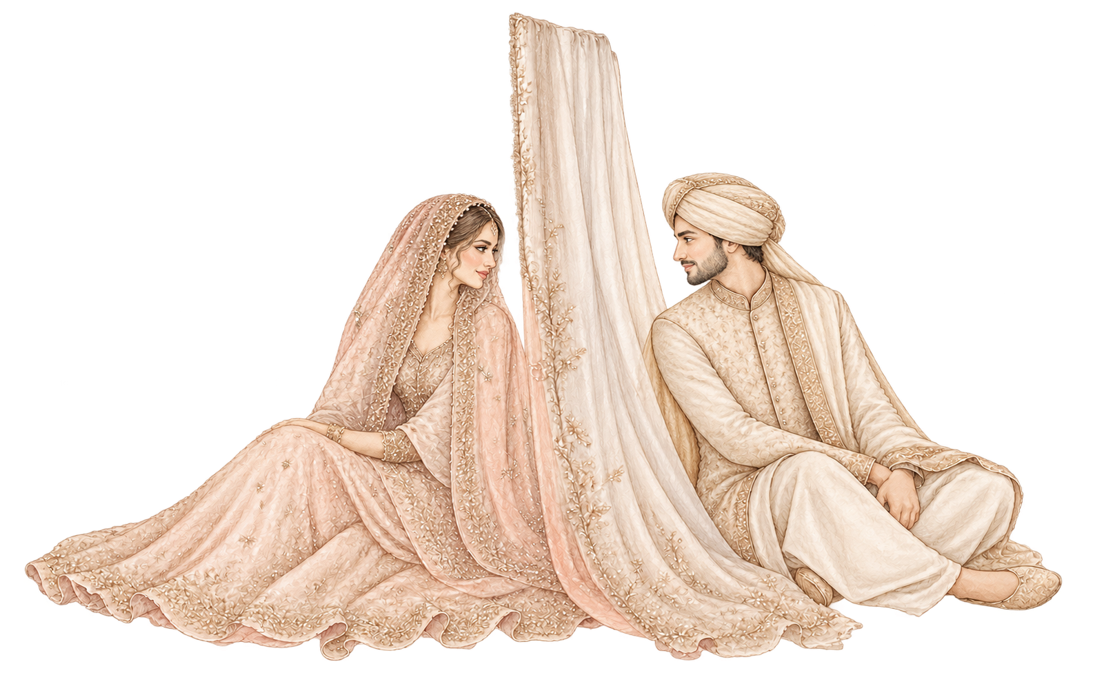 Bride and groom facing each other for Nikah, with a delicate veil partition between them